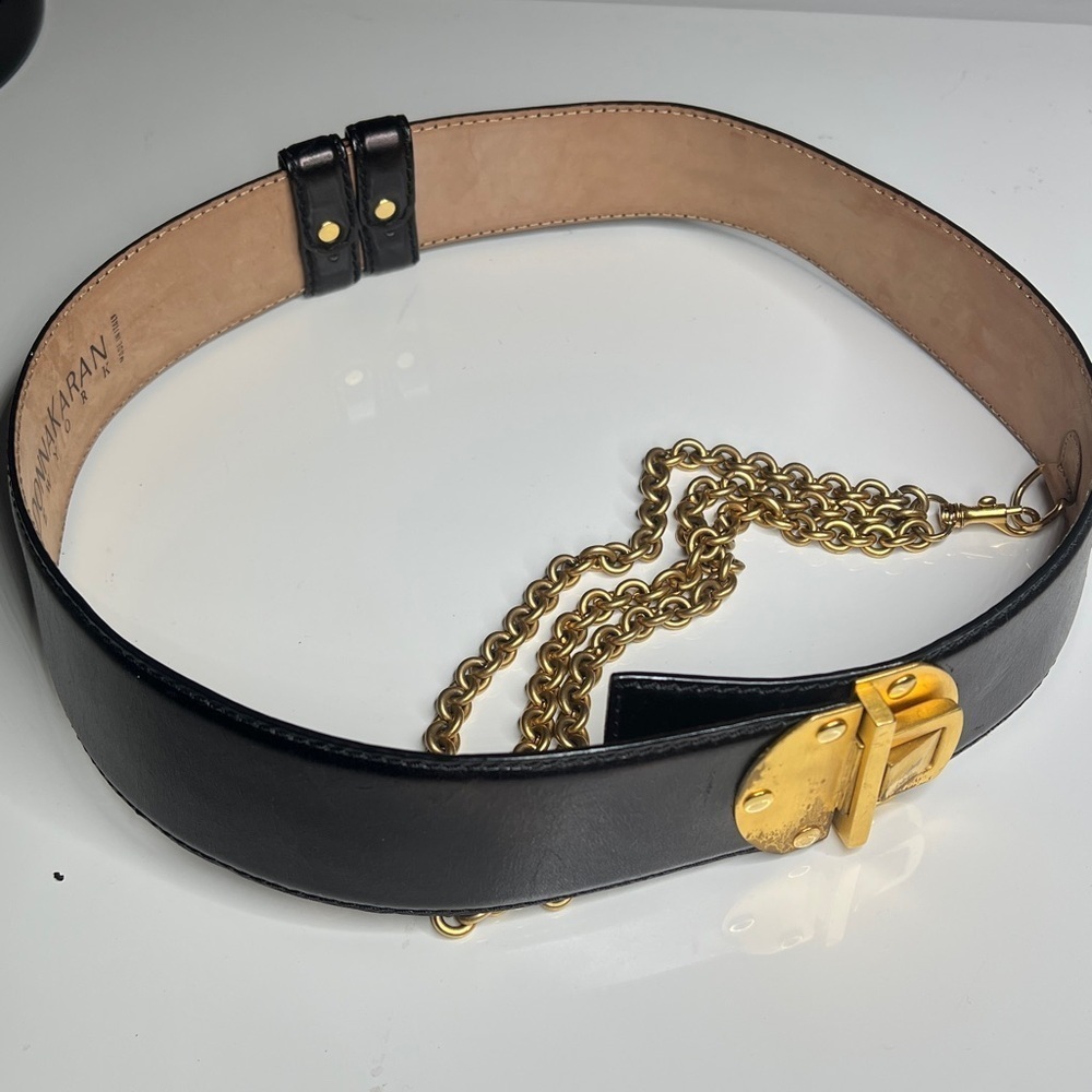 Donna Karan New York 1990’s Black & Gold 34” Adjustable Waist Belt w Chain - Picture 7 of 9